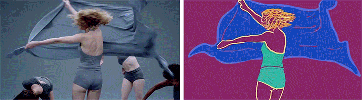 Excerp from “Redrawing Taylor Swift - Shake it Off Rotoscoped”, next to the original music video.